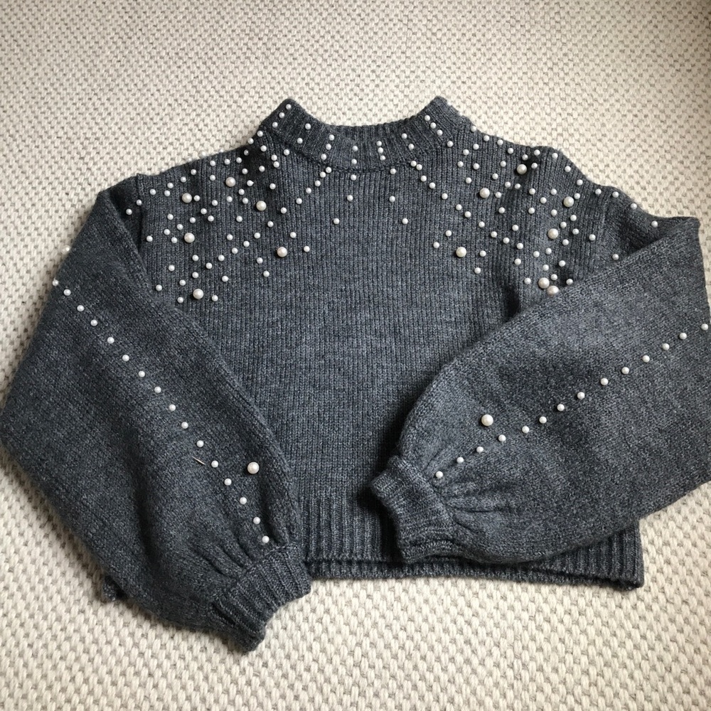 Gray Pearl-Embellished Women's Sweater